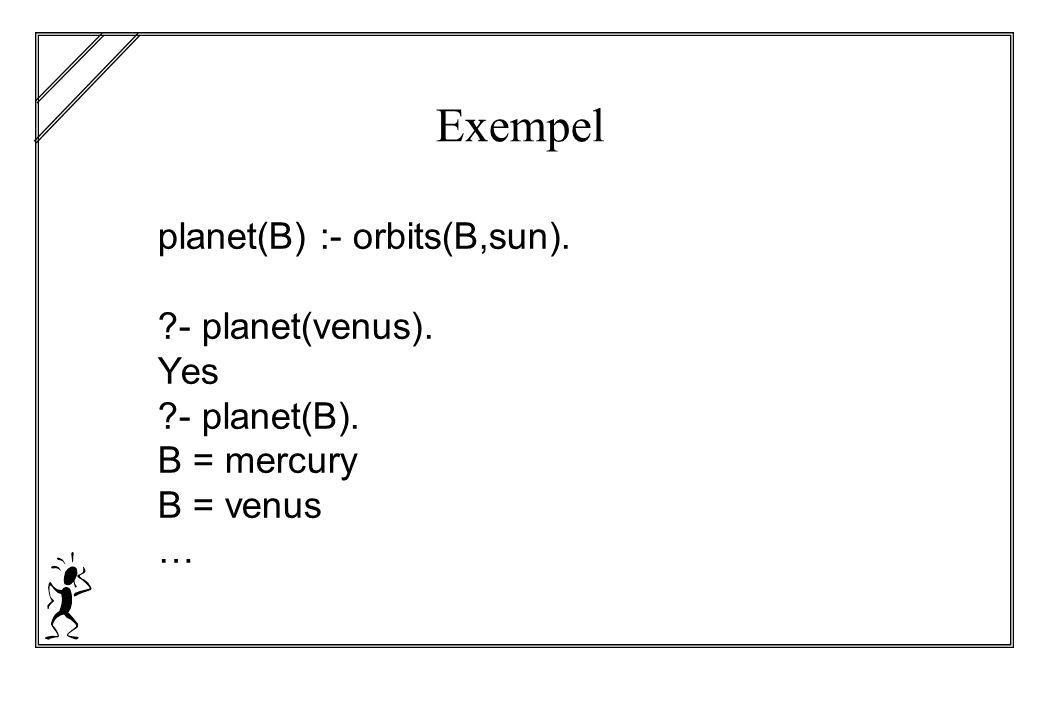 Exempel planet(B) :- orbits(B,sun). - planet(venus). Yes - planet(B). B = mercury B = venus …