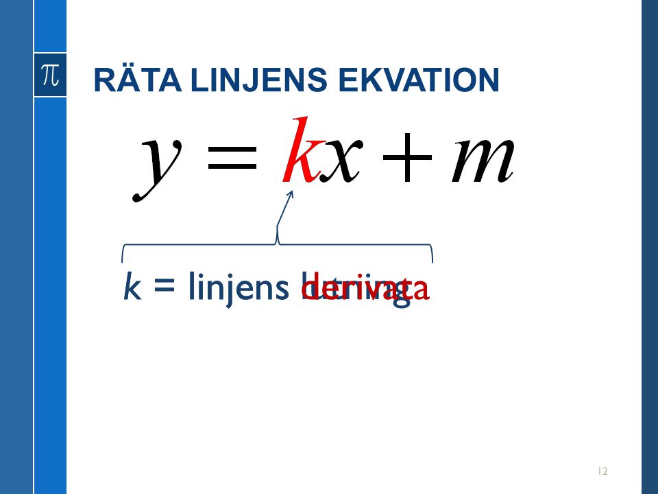 RÄTA LINJENS EKVATION k = linjens derivata k = linjens lutning