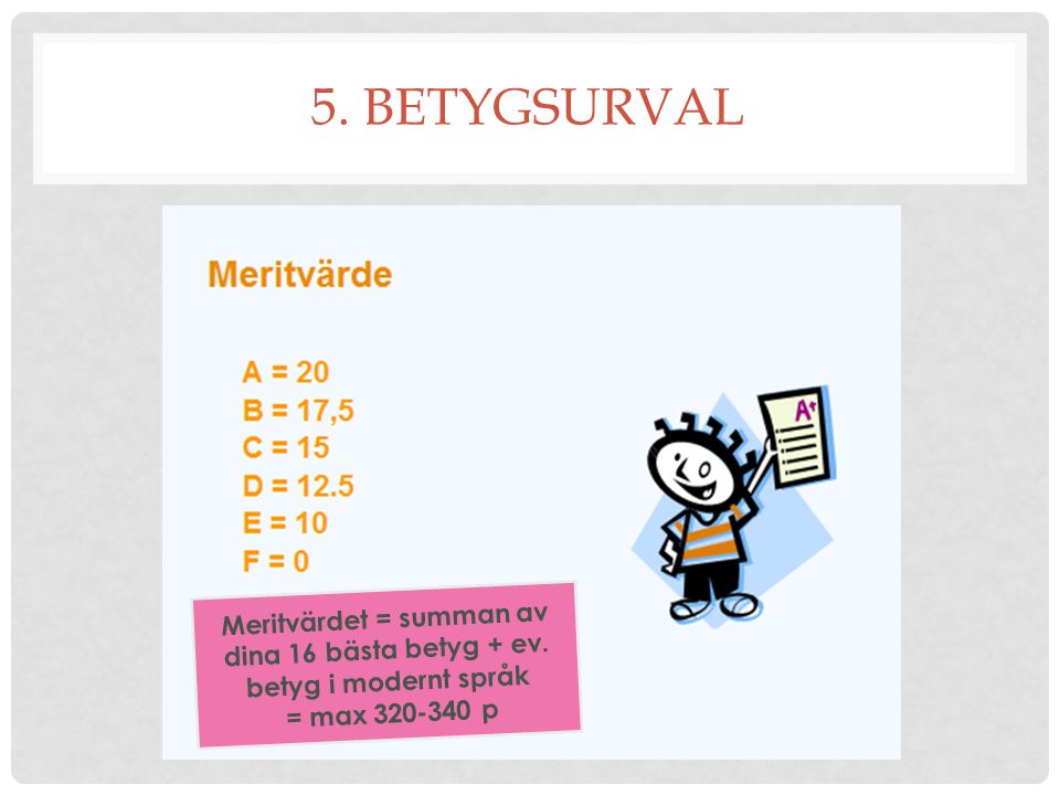 5. BETYGSURVAL Meritvärdet = summan av dina 16 bästa betyg + ev.