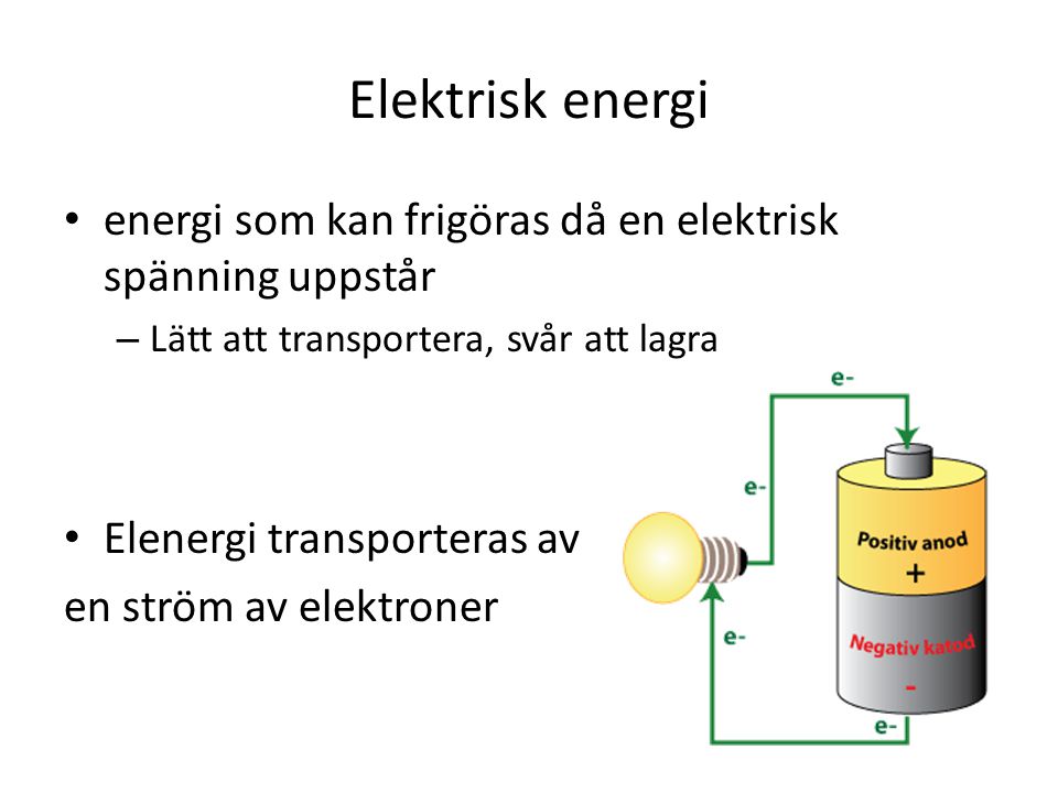 Elektrisk energi energi som kan frigöras då en elektrisk spänning uppstår. Lätt att transportera, svår att lagra.
