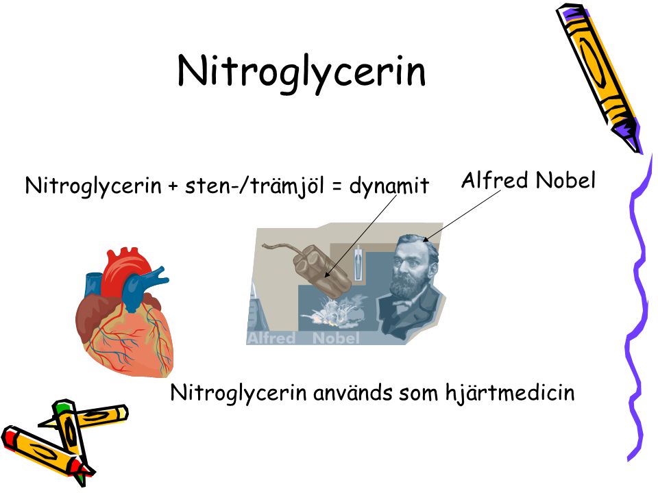 Nitroglycerin Alfred Nobel Nitroglycerin + sten-/trämjöl = dynamit