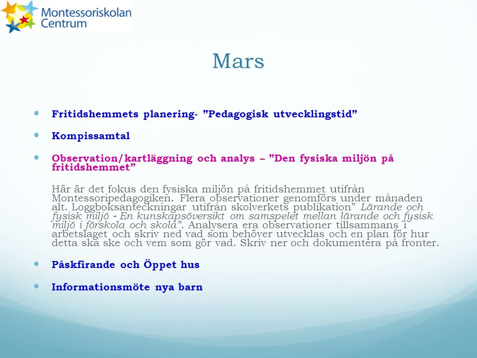 Mars Fritidshemmets planering- Pedagogisk utvecklingstid
