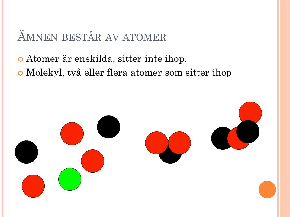 Ämnen består av atomer Atomer är enskilda, sitter inte ihop.