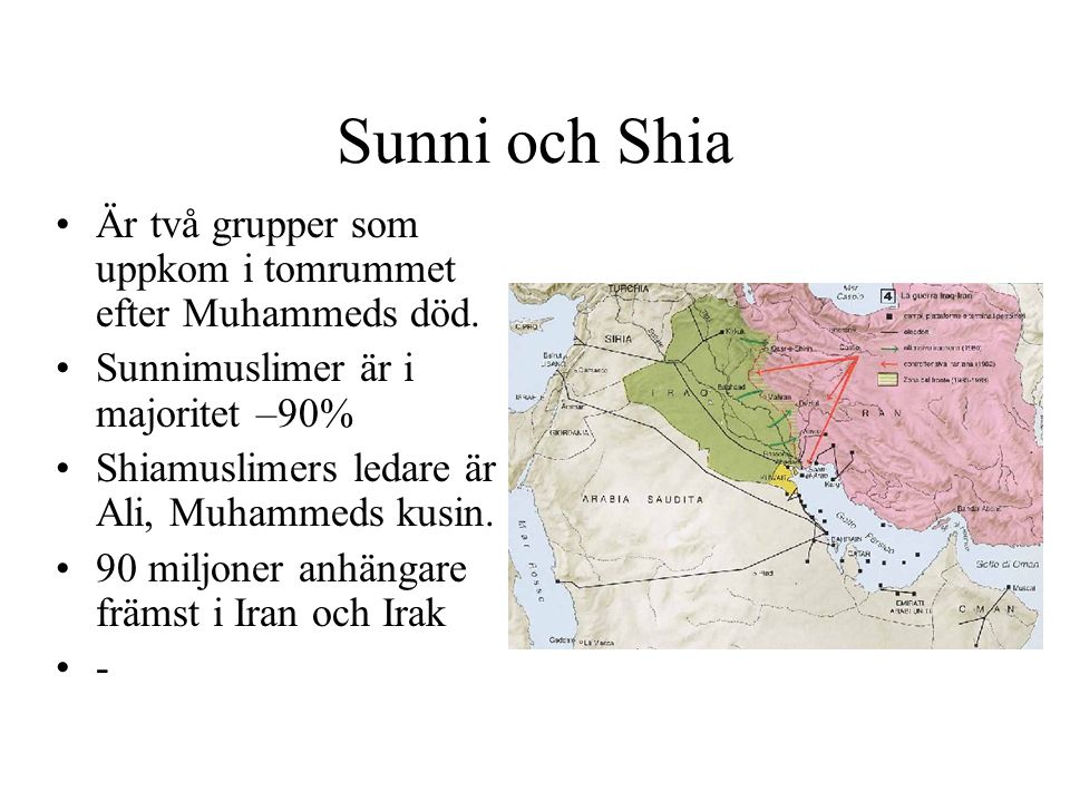 Sunni och Shia Är två grupper som uppkom i tomrummet efter Muhammeds död. Sunnimuslimer är i majoritet –90%