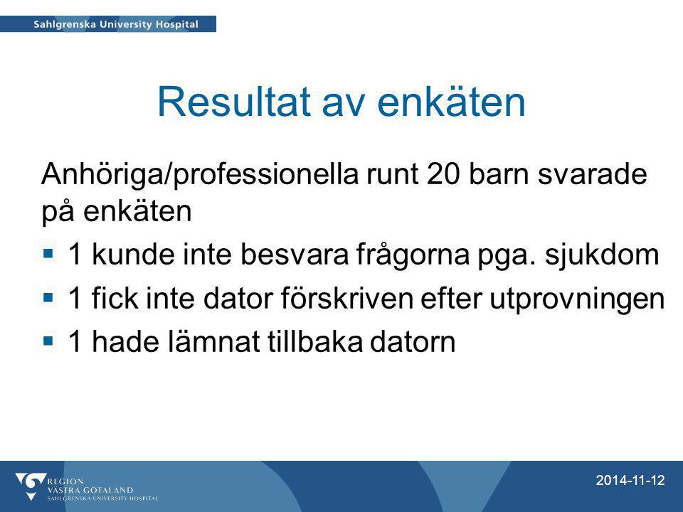 Resultat av enkäten Anhöriga/professionella runt 20 barn svarade på enkäten. 1 kunde inte besvara frågorna pga. sjukdom.