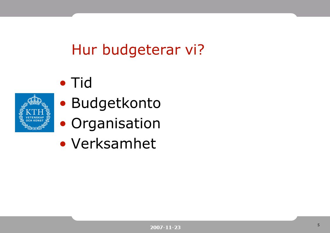 Hur budgeterar vi Tid Budgetkonto Organisation Verksamhet