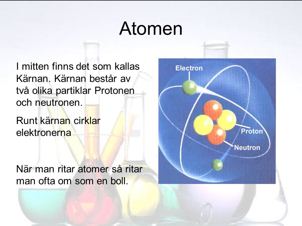 Atomen I mitten finns det som kallas Kärnan. Kärnan består av två olika partiklar Protonen och neutronen.