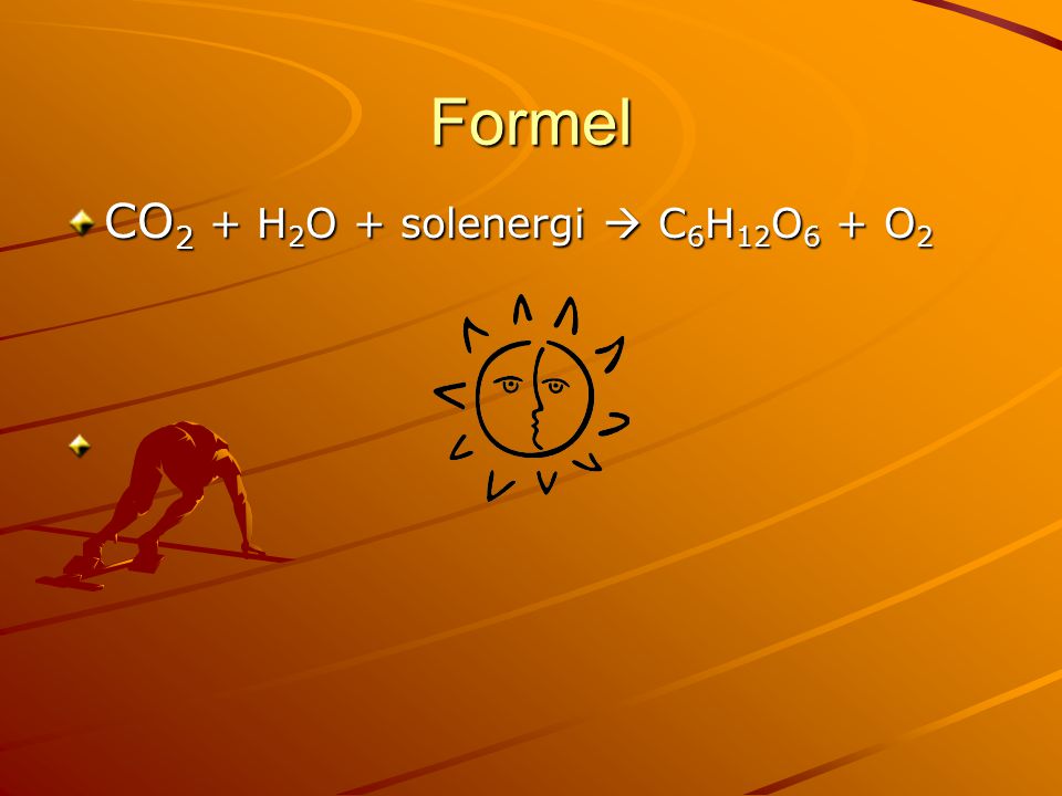 Formel CO2 + H2O + solenergi  C6H12O6 + O2