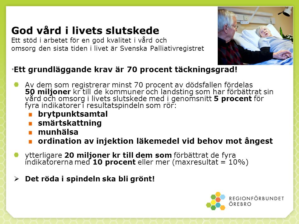 God vård i livets slutskede Ett stöd i arbetet för en god kvalitet i vård och omsorg den sista tiden i livet är Svenska Palliativregistret .