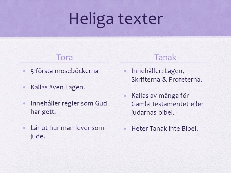 Heliga texter Tora Tanak 5 första moseböckerna Kallas även Lagen.