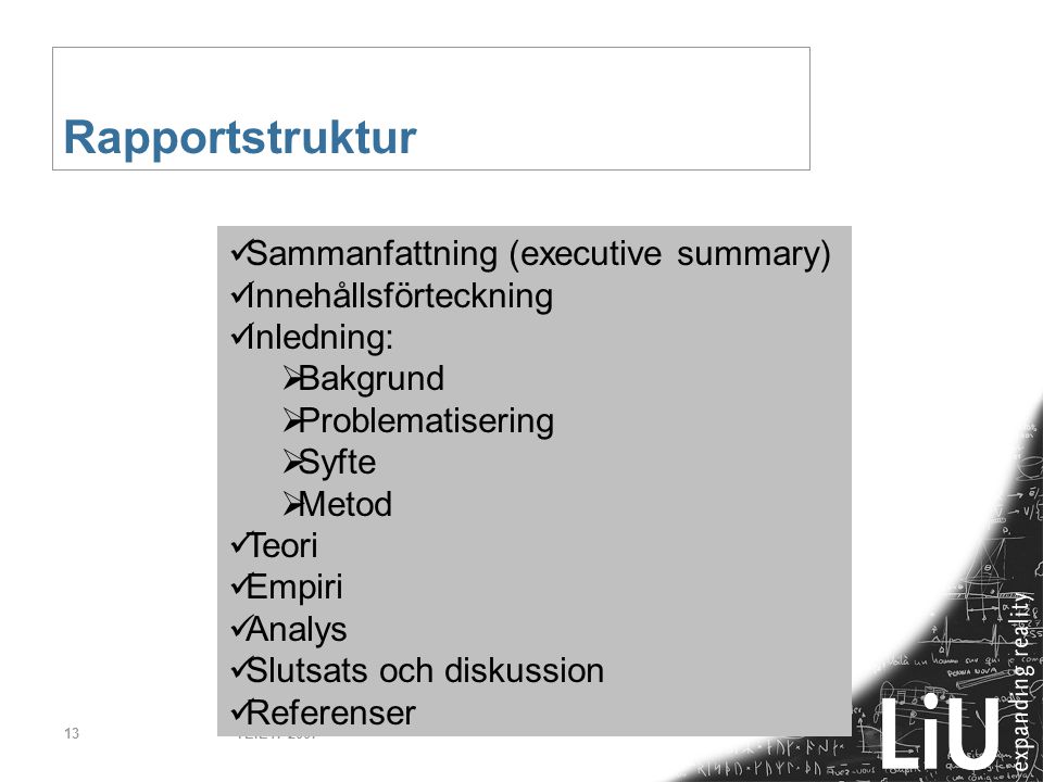 Rapportstruktur Sammanfattning (executive summary)