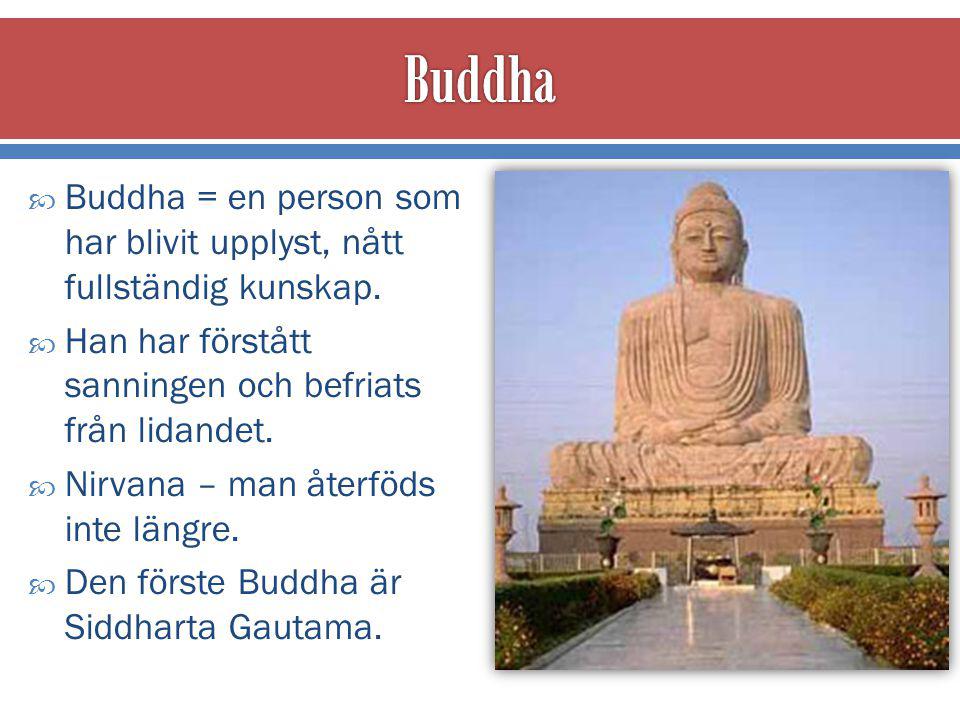 Buddha Buddha = en person som har blivit upplyst, nått fullständig kunskap. Han har förstått sanningen och befriats från lidandet.
