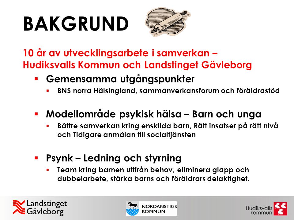 BAKGRUND 10 år av utvecklingsarbete i samverkan – Hudiksvalls Kommun och Landstinget Gävleborg. Gemensamma utgångspunkter.