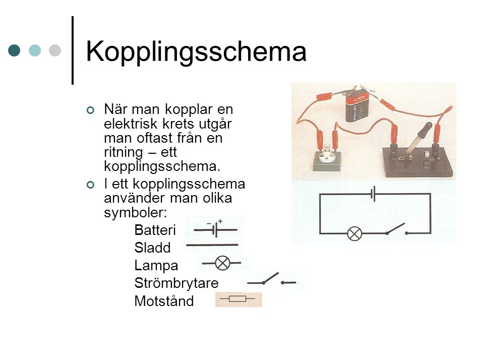Kopplingsschema När man kopplar en elektrisk krets utgår man oftast från en ritning – ett kopplingsschema.