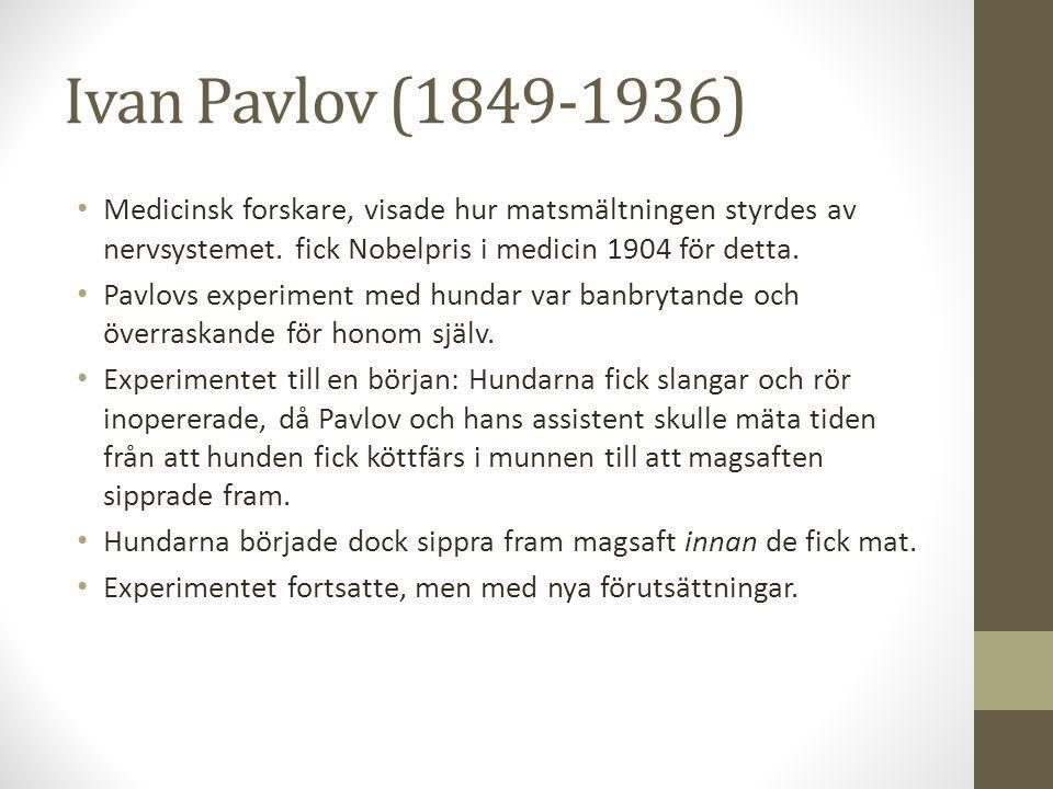 Ivan Pavlov ( ) Medicinsk forskare, visade hur matsmältningen styrdes av nervsystemet. fick Nobelpris i medicin 1904 för detta.