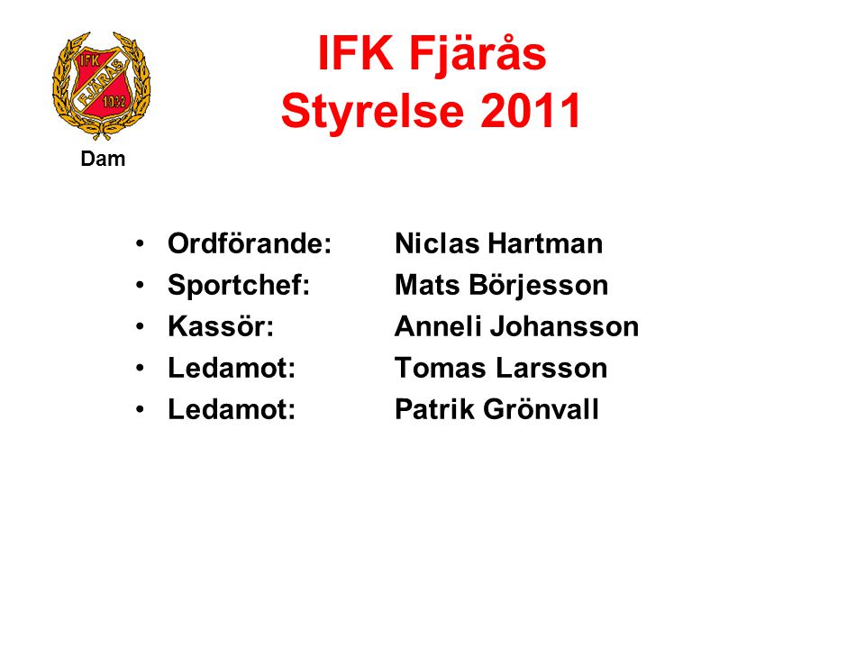 IFK Fjärås Styrelse 2011 Ordförande: Niclas Hartman