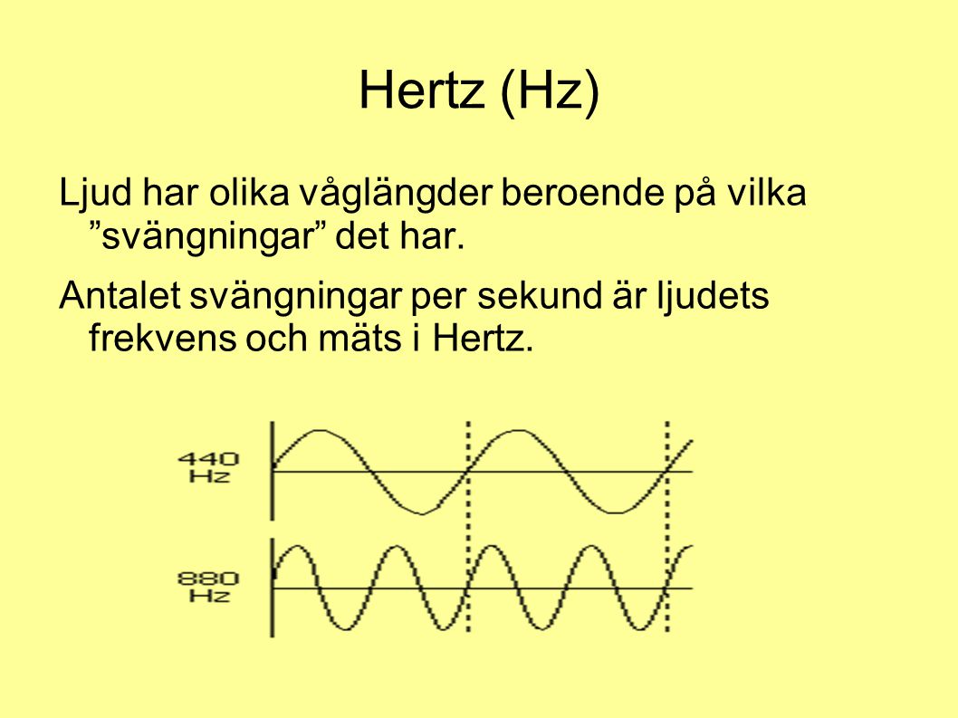 Hertz (Hz) Ljud har olika våglängder beroende på vilka svängningar det har.