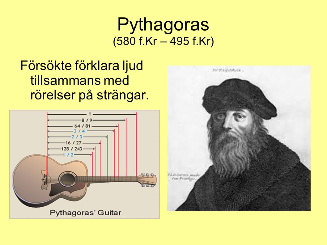 Pythagoras (580 f.Kr – 495 f.Kr) Försökte förklara ljud tillsammans med rörelser på strängar.