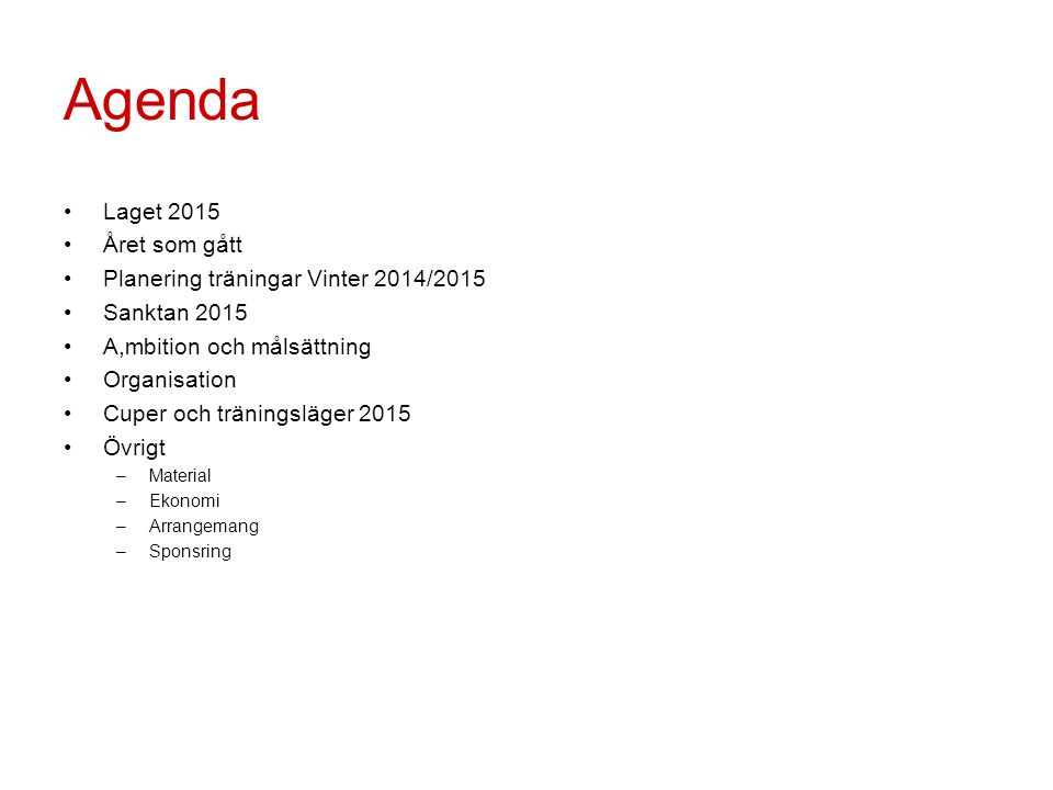 Agenda Laget 2015 Året som gått Planering träningar Vinter 2014/2015
