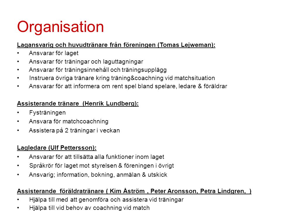 Organisation Lagansvarig och huvudtränare från föreningen (Tomas Lejweman): Ansvarar för laget. Ansvarar för träningar och laguttagningar.