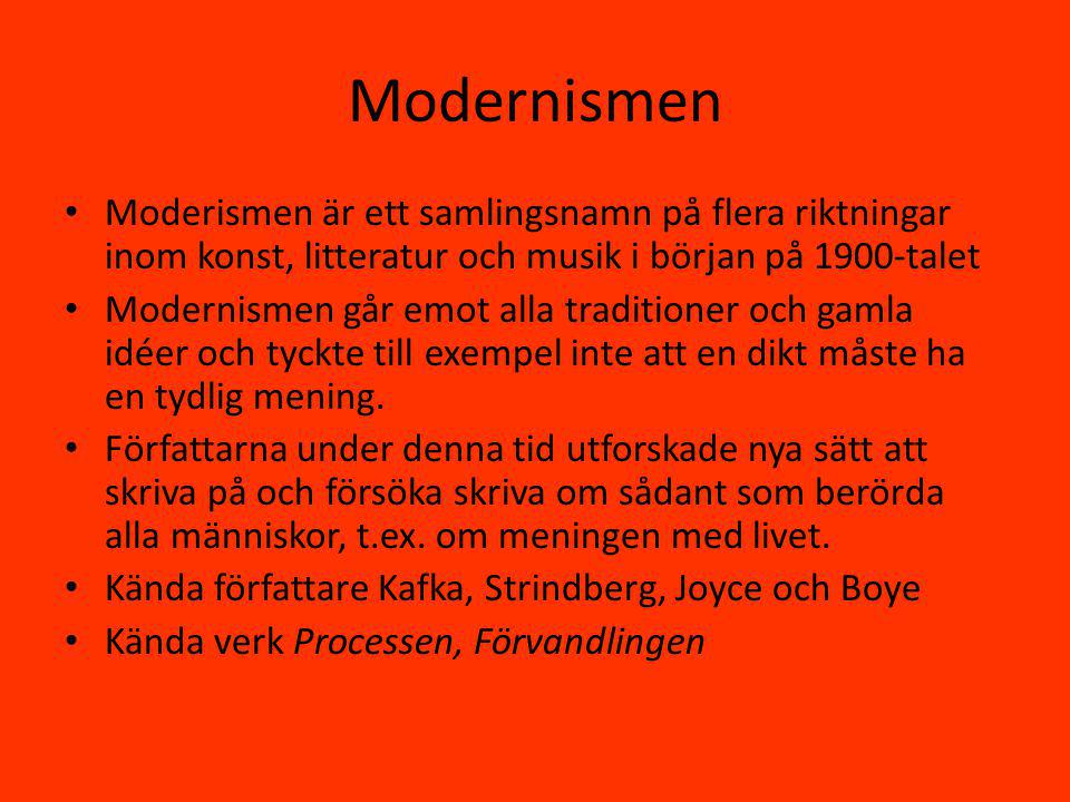 Modernismen Moderismen är ett samlingsnamn på flera riktningar inom konst, litteratur och musik i början på 1900-talet.