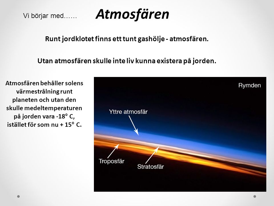 Atmosfären Vi börjar med…… Runt jordklotet finns ett tunt gashölje - atmosfären. Utan atmosfären skulle inte liv kunna existera på jorden.