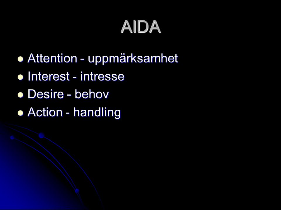 AIDA Attention - uppmärksamhet Interest - intresse Desire - behov