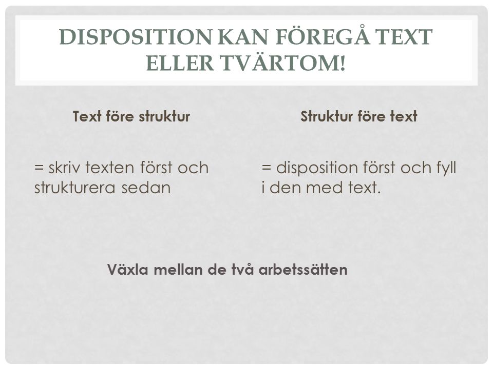 Disposition kan föregå text eller tvärtom!
