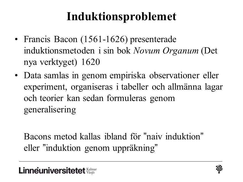 Induktionsproblemet. Francis Bacon ( ) presenterade induktionsmetoden i sin bok Novum Organum (Det nya verktyget)