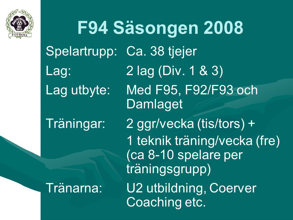 F94 Säsongen 2008 Spelartrupp: Ca. 38 tjejer Lag: 2 lag (Div. 1 & 3)