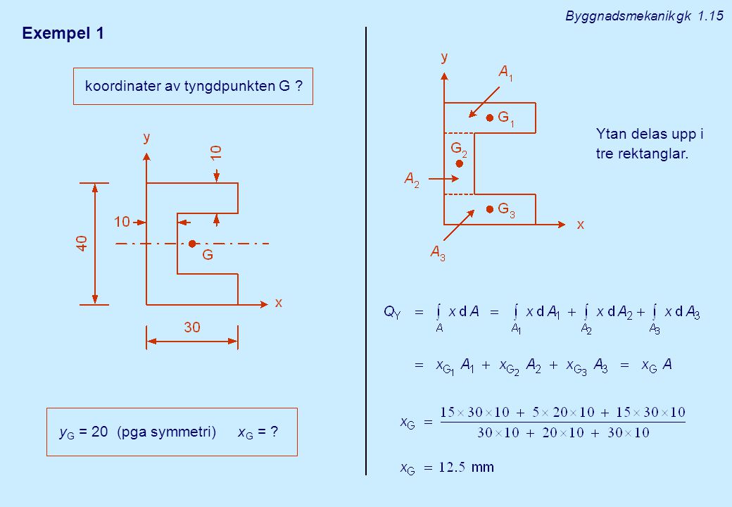 Exempel 1 koordinater av tyngdpunkten G