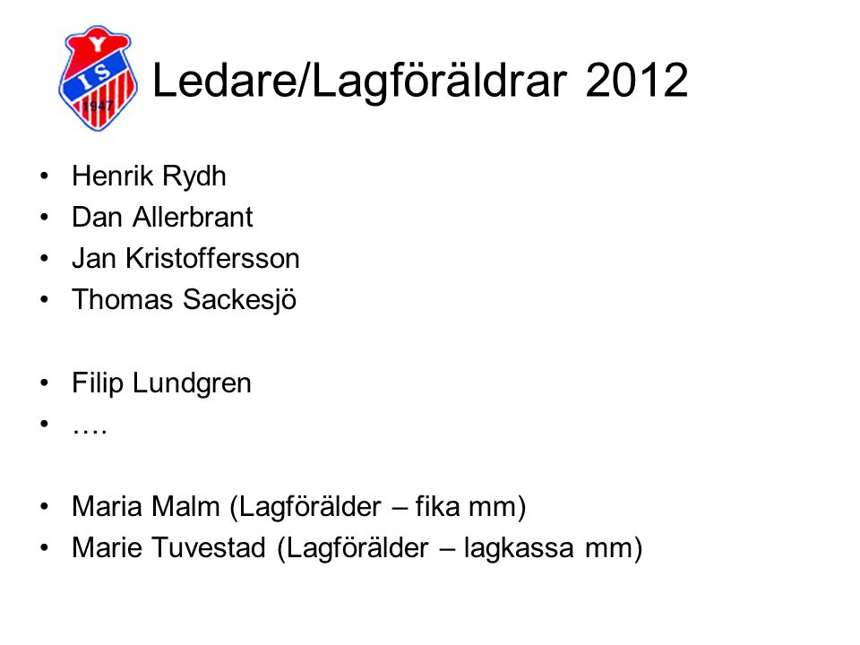 Ledare/Lagföräldrar 2012 Henrik Rydh Dan Allerbrant Jan Kristoffersson