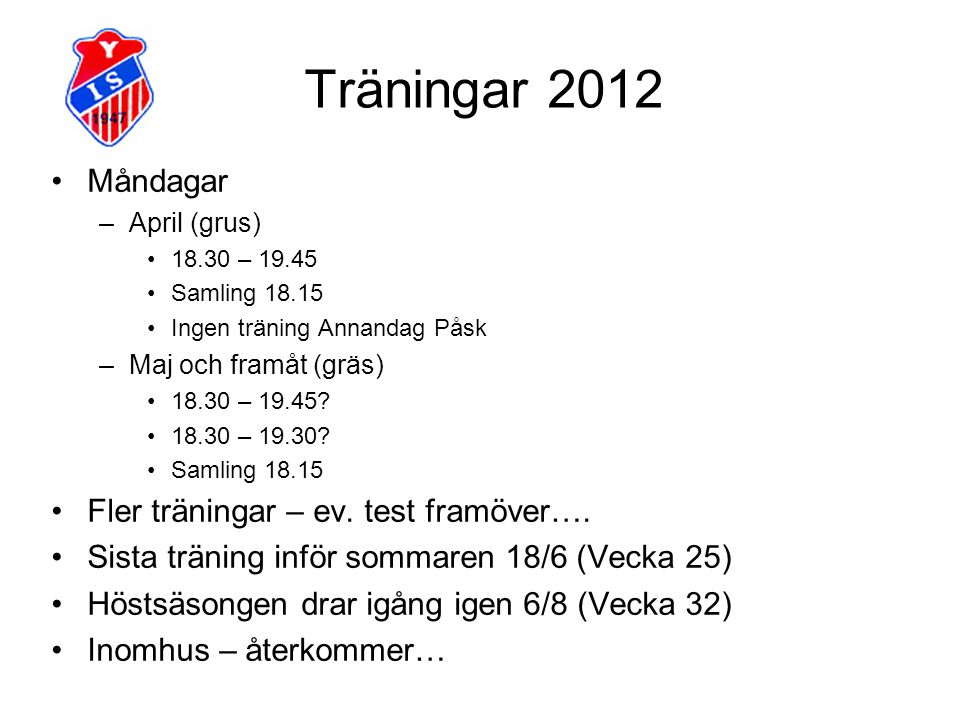 Träningar 2012 Måndagar Fler träningar – ev. test framöver….