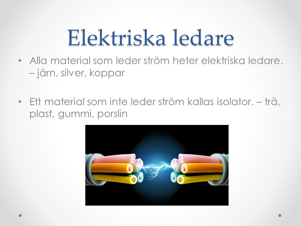 Elektriska ledare Alla material som leder ström heter elektriska ledare. – järn, silver, koppar.