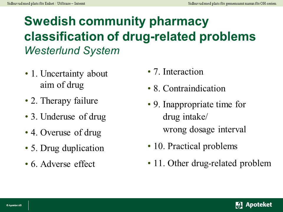 Swedish community pharmacy classification of drug-related problems Westerlund System