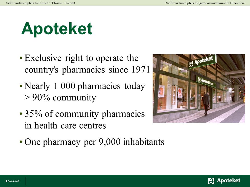 Apoteket Exclusive right to operate the country s pharmacies since Nearly pharmacies today > 90% community.