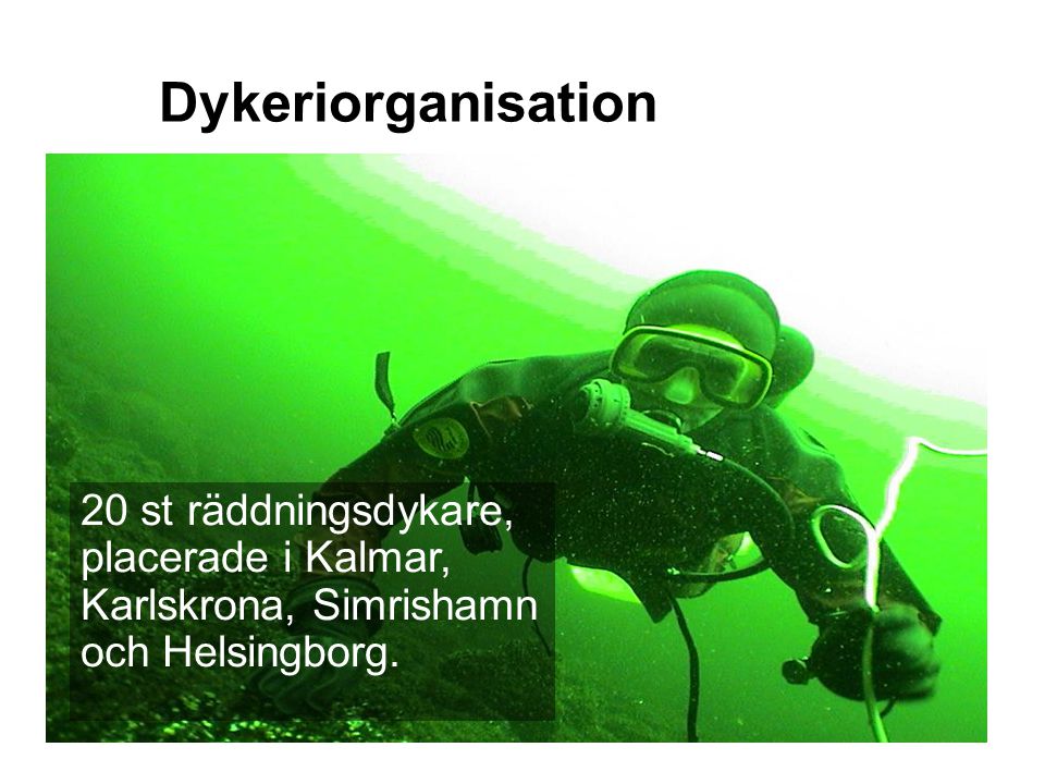 Dykeriorganisation 20 st räddningsdykare, placerade i Kalmar, Karlskrona, Simrishamn och Helsingborg.