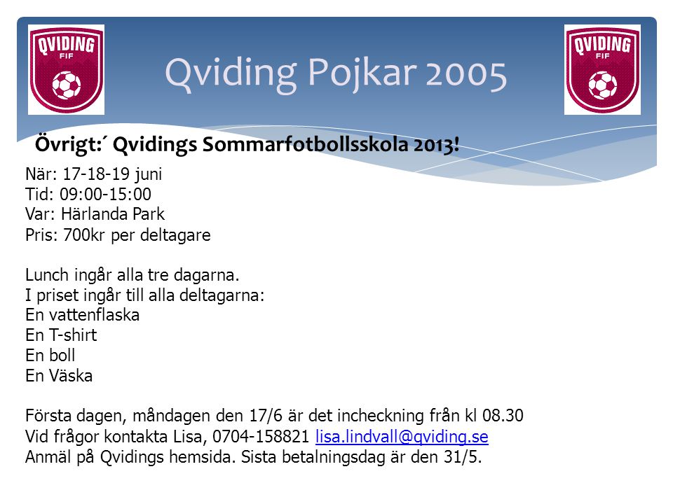 Qviding Pojkar 2005 Övrigt:´ Qvidings Sommarfotbollsskola 2013!