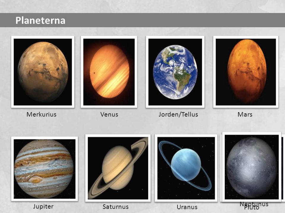 Planeterna Merkurius Venus Jorden/Tellus Mars Neptunus Jupiter