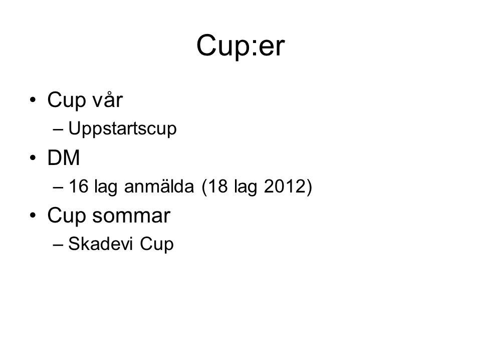 Cup:er Cup vår DM Cup sommar Uppstartscup 16 lag anmälda (18 lag 2012)