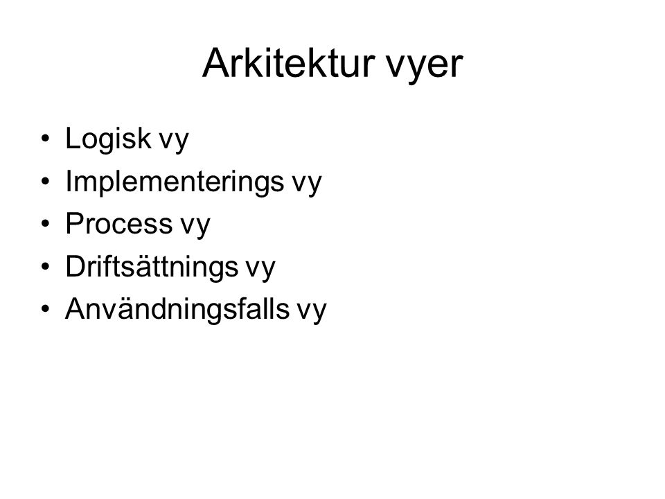 Arkitektur vyer Logisk vy Implementerings vy Process vy
