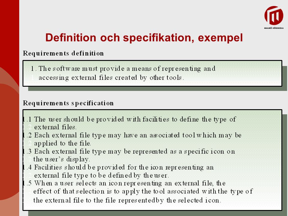 Definition och specifikation, exempel
