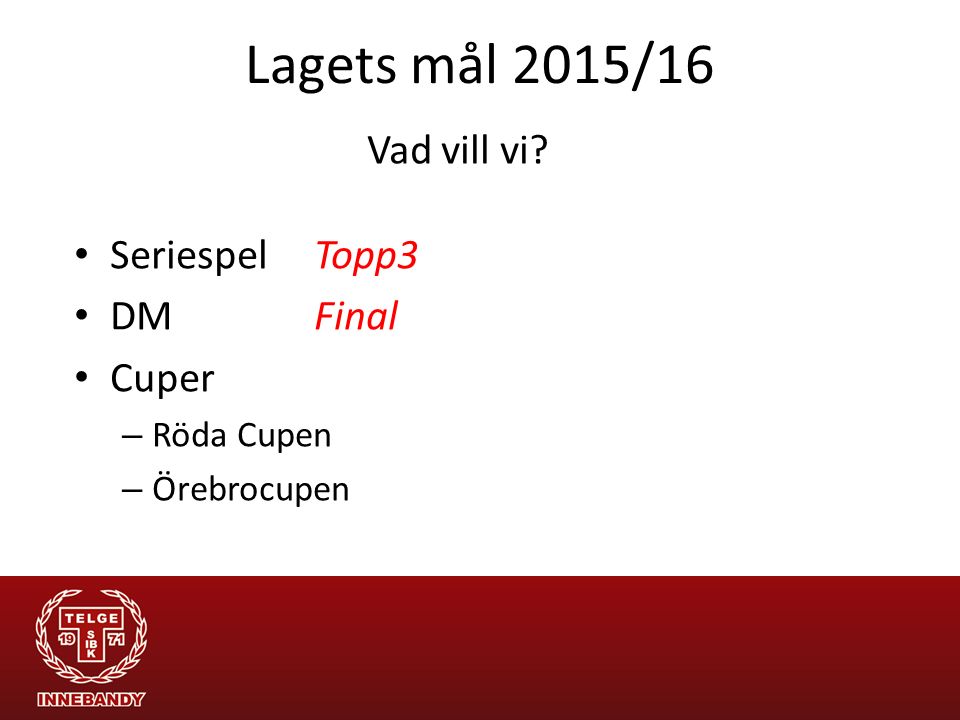 Lagets mål 2015/16 Vad vill vi Seriespel Topp3 DM Final Cuper