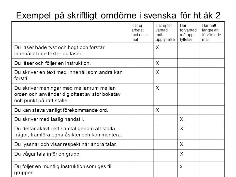 Exempel på skriftligt omdöme i svenska för ht åk 2